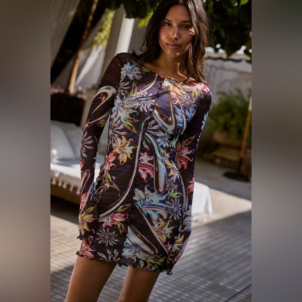 Agua Bendita Hadley Mini Dress Silver Size M Y2K Resort Bodycon Statement Print